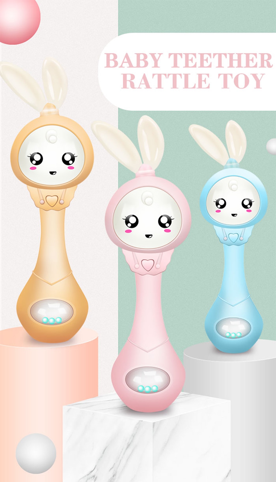 MKTOYS Rattles Baby Toys 0-12 Months Newborn Infant Gift Early Development Hand Shaking Musical Bunny Toys with Light Teethers